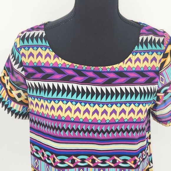 Forever 21 Multicolor Tribal Geometric Print Sheer Top Blouse Women's Size Small - Picture 9 of 9